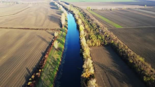 环绕着空旷农田和树木的河流的空中景观 — 图库视频影像