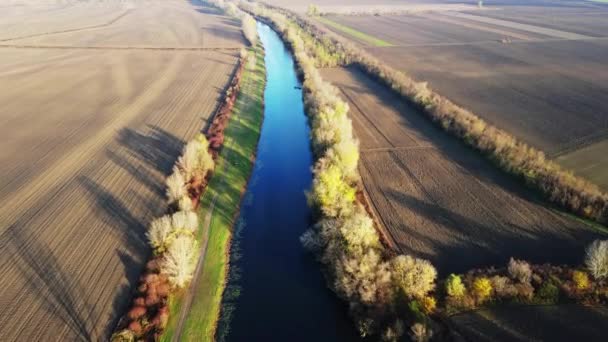 无人机飞过一条被空旷的农田和树木环绕的河流 — 图库视频影像