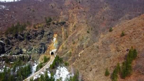 Aerial View Railroad Going Tunnel Mountains — Stock Video