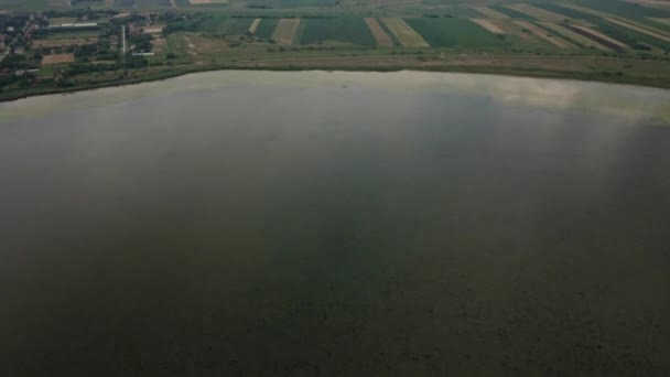 Drone Cattura Una Riva Lago Circondato Campi Coltivati Giorno Nuvoloso — Video Stock