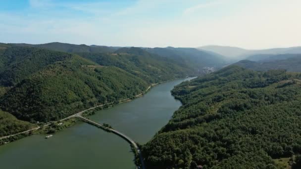 Green Wooded Rolling Hills River Bridge Drone Pov — Stok Video