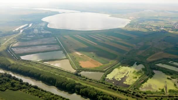 Drone Materiał Filmowy Stawów Rybnych Duże Jezioro Rzeka Pola Wsi — Wideo stockowe