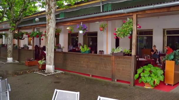 Nepoznatelní Lidé Sedí Ethno Restauraci Mnoha Květinami Zatímco Prší — Stock video