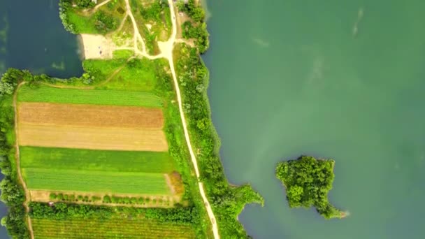 Drone Πετά Πάνω Από Χωρίζει Δύο Λίμνες Δάση Δρόμους Παραλία — Αρχείο Βίντεο
