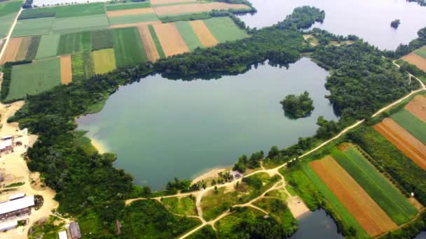 Drone Capture Patchwork Champs Agricoles Avec Grand Lac Des Arbres — Video
