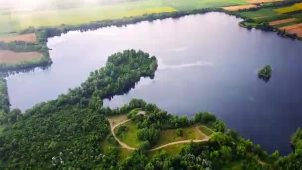 Medida Que Sobe Drone Captura Belo Lago Calmo Cercado Por — Vídeo de Stock