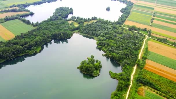 Drone Vangt Kleine Meren Het Midden Van Uitgestrekte Kleurrijke Landbouwvelden — Stockvideo
