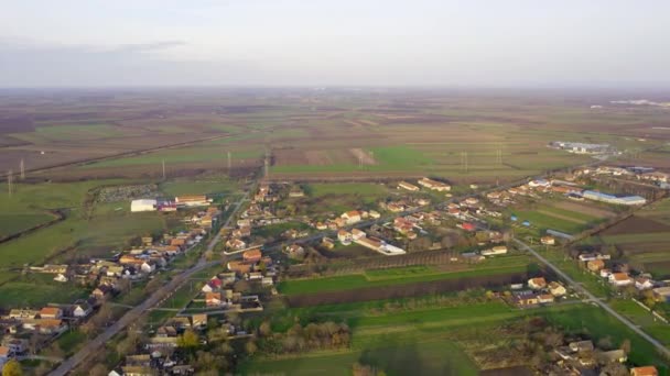 Drone Volo Sopra Campi Agricoli Verdi Vicino Villaggio Terreni Pianeggianti — Video Stock