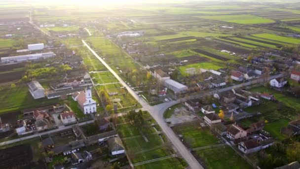 Letecké Záběry Vesnice Obklopené Zelenými Zemědělskými Poli Slunci — Stock video