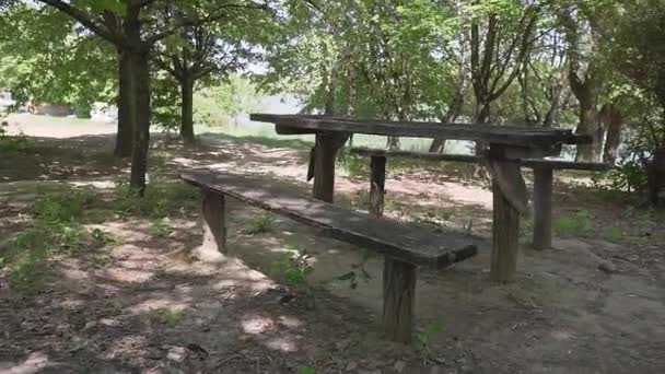 Meja Piknik Dan Bangku Terbuat Dari Kayu Dekat Lakeshore Dari — Stok Video
