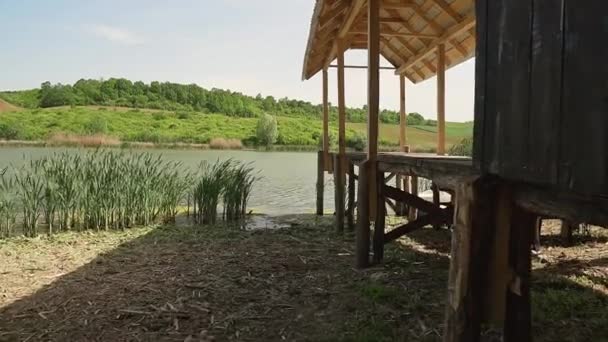 Wooden Pier Canopy Shore Lake Moharac Surrounded Green Reeds — Stock Video