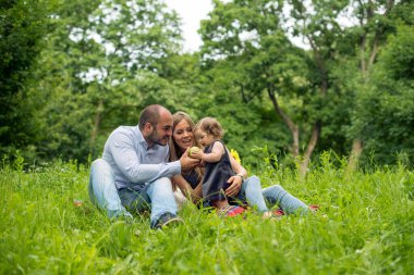 Baba bebeğe piknikte elma verir.