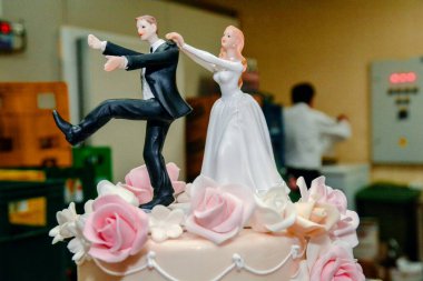 Pastanın üstünde gelin ve damat figürleri