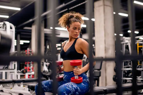 Çekici genç bayan spor salonunda küçük kırmızı ağırlıklarla antrenman yapıyor.