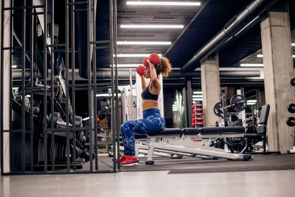 Çekici genç bayan spor salonunda küçük kırmızı ağırlıklarla antrenman yapıyor.