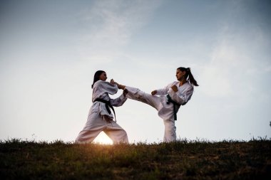 Gün batımında tepede dövüş sanatları eğitimi.