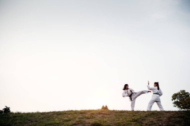 Askeri eğitim, iki kız karate dövüşü..