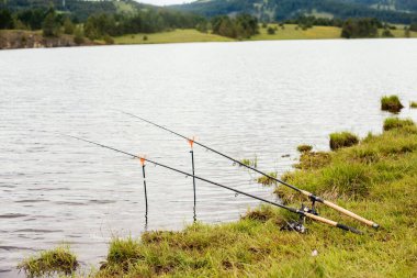 Suda iki olta kamışı. Doğada hafta sonu. Yaz zamanı.
