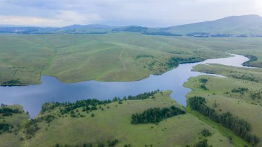 Temiz su ve çayır manzaralı. Drone fotoğrafı. Güzel doğa.
