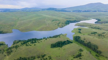 Temiz su ve çayır manzaralı. Drone fotoğrafı. Güzel doğa.