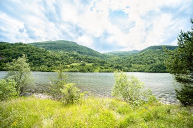 Güneşli bir günde nehrin fotoğrafı. Güzel, huzurlu varış yeri dağda