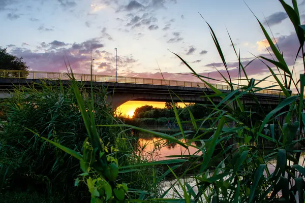 Güzel günbatımı, köprü ve nehir. Romantik bir yer. Şehir manzarası fotoğrafı
