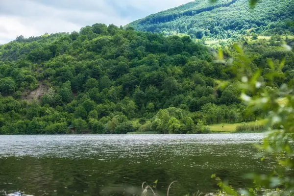 Nehir ve dağların yakın fotoğrafını çek. Temiz hava ve temiz su ile güzel, huzurlu bir yer.