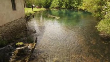 İnsansız hava aracı güzel temiz su akıntısının üzerinde uçar, insanlar yeşil sahilde yürür.