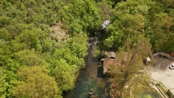 自然保護区の美しい湖 滝のドローンビデオ — ストック動画