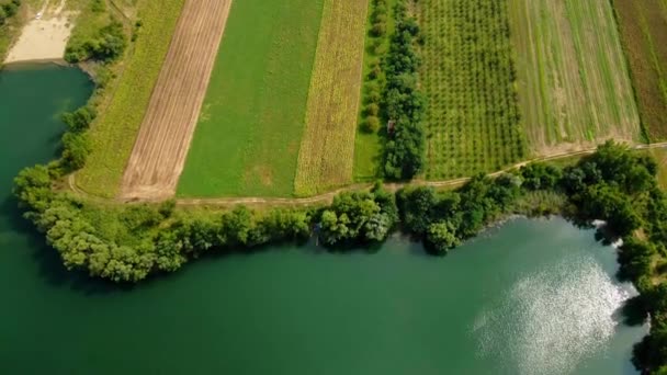 Беспилотник Захватывает Удивительный Пейзаж Зелеными Полями Бирюзовым Озером — стоковое видео