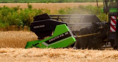 Yeşil bir hasatçı altın bir tarlada buğday topluyor. Toz bırakıyor.