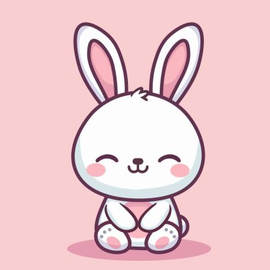 Geniş bir gülüşü, büyük kulakları ve kızaran yanakları olan enfes bir kawaii tavşanı. Tavşan, yumuşak pembe bir arka planda sevimli ve eğlenceli bir çizgi film tarzıyla resmedilir..