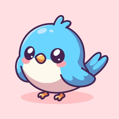 Kawaii tarzında büyük gözlü şirin mavi bir kuşun büyüleyici çizgi film çizimi. Çocuk kitapları, eğlenceli dekorlar ve kaprisli grafik projeler için mükemmel. Parlak ve sevimli tasarım.