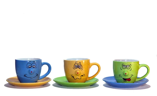 Керамічні Дитячі Чашки Тарілки Синій Жовтий Зелений Кумедними Обличчями Розфарбовані — стокове фото