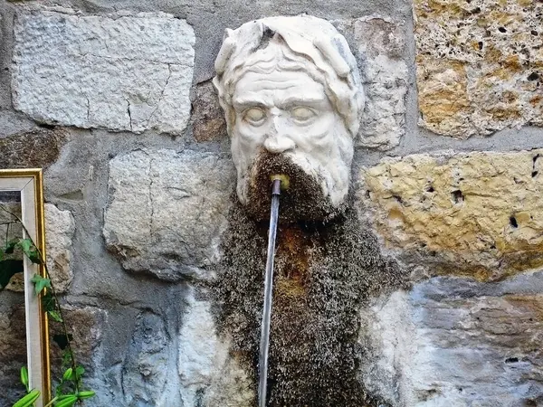 Fransa 'nın ortaçağ şehrinde sakallı heykeli olan eski çağlardan kalma bir çeşme.