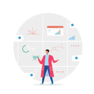 Tablet, araştırma ve kimyasal formüllere sahip bilim adamı, düz simge, vektör illüstrasyonu