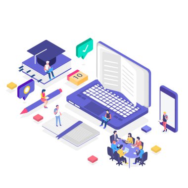 Sancak ve web sitesi için çevrimiçi eğitim izometrik kavramı. İniş sayfası şablonları. Mezuniyet, e-öğrenim araştırması, üniversitede okumak, bilgi konsepti illüstrasyonu elde etmek.