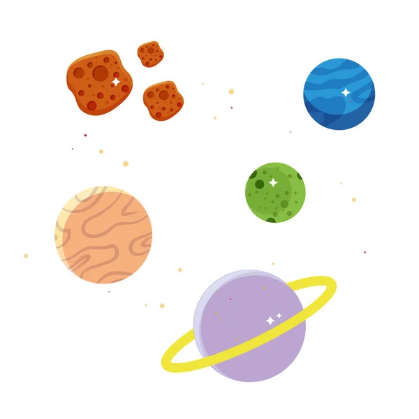 Kosmiczne Planety Gwiazdy Kreskówki Wektorowe Ilustracje Ustawione Kosmiczne Ciała Kolorowy — Wektor stockowy