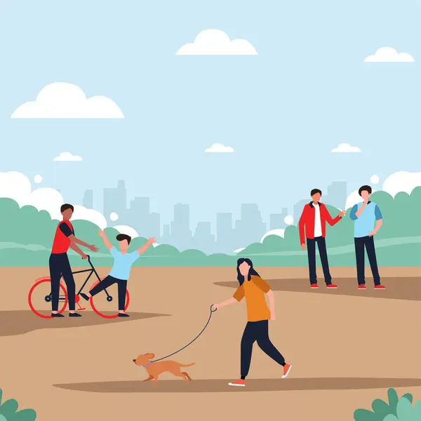 İnsanlar yaz parkındaki açık hava aktivitelerini seviyorlar. İnsanlar konuşuyor, köpekle yürüyor, adam bisiklete biniyor. Yürüme ve bisiklet vektör çizimi için modern şehir parkı.