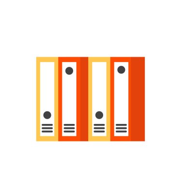 Beyaz arkaplanda renkli halka klasörleri olan Belge Depolama Rafları. Ofis dosyaları. Ofis dosyalarının vektör illüstrasyonu. Düz biçimli vektör illüstrasyonu