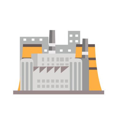 Ağır sanayinin sanayi ve fabrika binaları, beyaz arka planda izole, düz stil renkli illüstrasyon