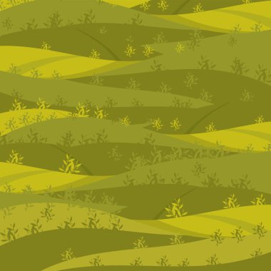 Şafak vakti, yeşil tepeler, parlak renkler, düz çizgi film tarzı afiş ile yaz alanlarının vektör çizimi.