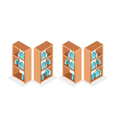 Beyaz arkaplanda izole edilmiş Isometric kitaplık seti. Kitaplarla dolu 3D raflar. Vektör illüstrasyonu.