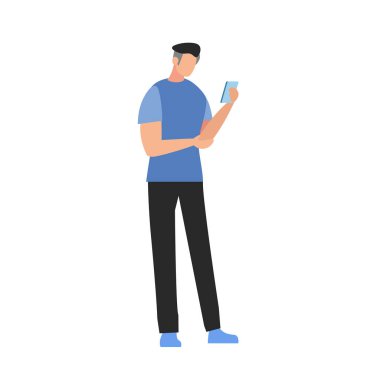 Elinde cep telefonu olan bir adam, akıllı telefon ekranına bakıyor, internette sörf yapıyor. Ayakta duran ve elinde cep telefonu olan insanlar. Düz vektör çizimi beyaz arkaplanda izole edildi