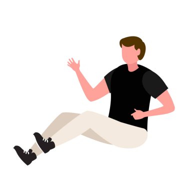 Karakter adamı yerde oturuyor ve el hareketleriyle ürünleri tanıtıyor. Elle sunuluyor, Beyaz Arka plan 'da izole edilmiş. düz çizimler