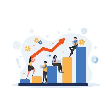 İş ekibi başarılı oluyor, web sayfası. Yüksek potansiyel ve girişim gelişimi, büyüme. iş başarısı, liderlik, yenilik. Karakter büyüyen oku takip eder. İlerleyin ve başarın.