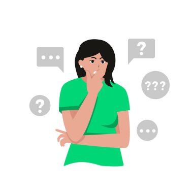 Soru işareti ve konuşma baloncuğu olan kadın karakter.