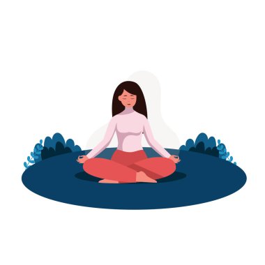Doğada meditasyon yapan bir kadın. Yoga, meditasyon, rahatlama, dinlenme, sağlıklı yaşam tarzı için illüstrasyon konsepti. Düz biçimli vektör illüstrasyonu