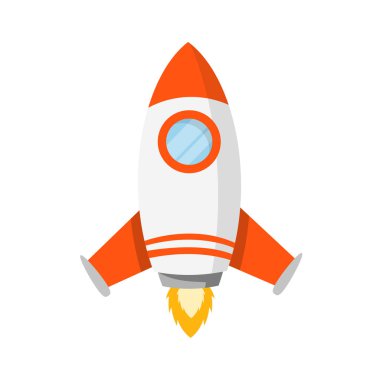 Uzay gemisi roketi kalkıyor, basit retro uzay gemisi, roket fırlatma simgeleri, izole vektör çizimi.
