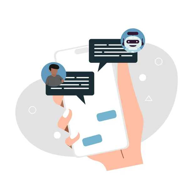 Chatbots konseptli akıllı telefon. Akıllı telefondan sohbet robotuyla sohbet etmek. Sohbet robotuyla diyalog kurmak. Müşteri sorular soruyor ve cevaplar alıyor. düz vektör çizimleri